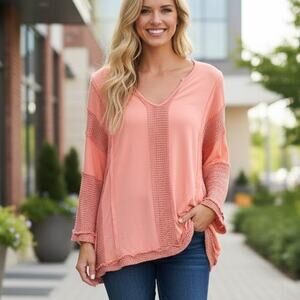 POL Peach Lagenlook Top M Oversized Boho Festival Mixed Media Casual Cozy Comfy